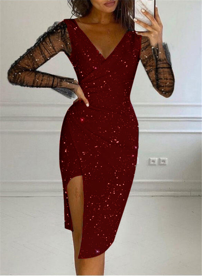 Autumn And Winter Women Clothes Sequin V-Neck Bodycon Sexy Mesh Dress 5