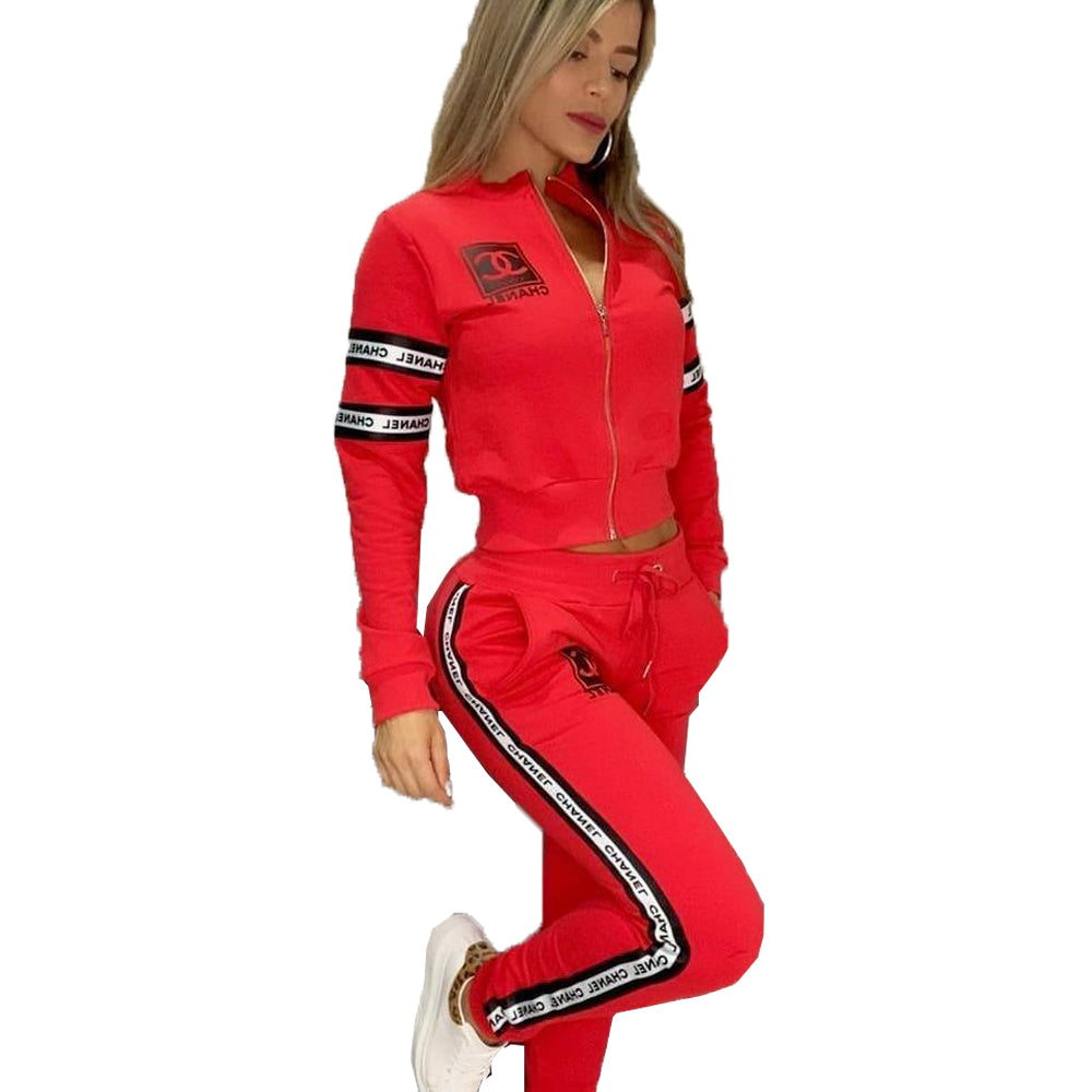 Women's Winter Chic Trendy Print Pants Long Sleeve Zipper Coat Set 21