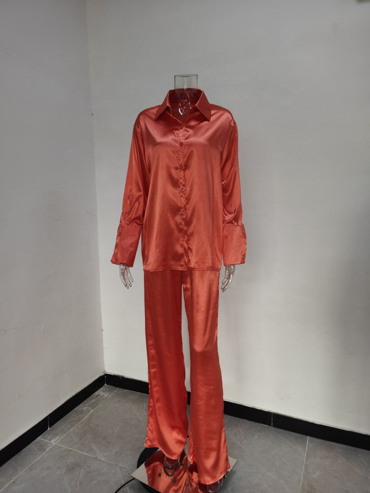 Solid Color Satin Long Sleeve Casual Two Piece Pants Set Trendy Lounge Wear 22