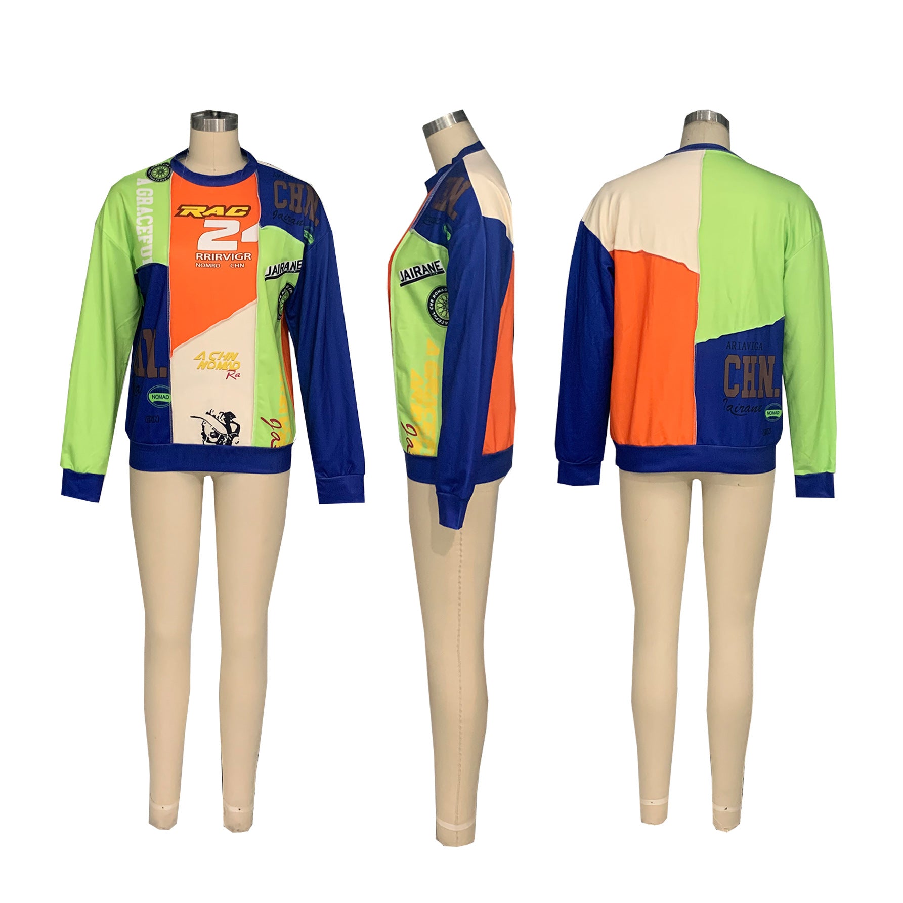 Autumn Trend Contrast Color Patchwork Letter Print Top Loose Round Neck Long Sleeve T-Shirt 11