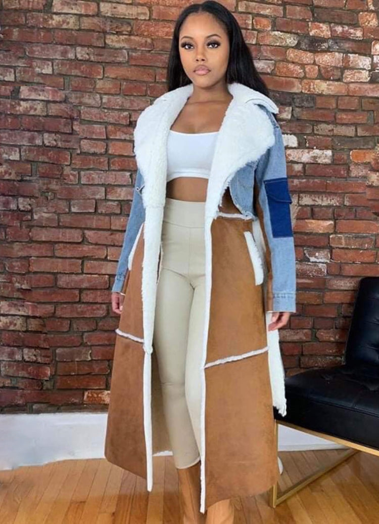 Winter Blue Denim Patch Fleece Full Sleeves Thick Long Coat