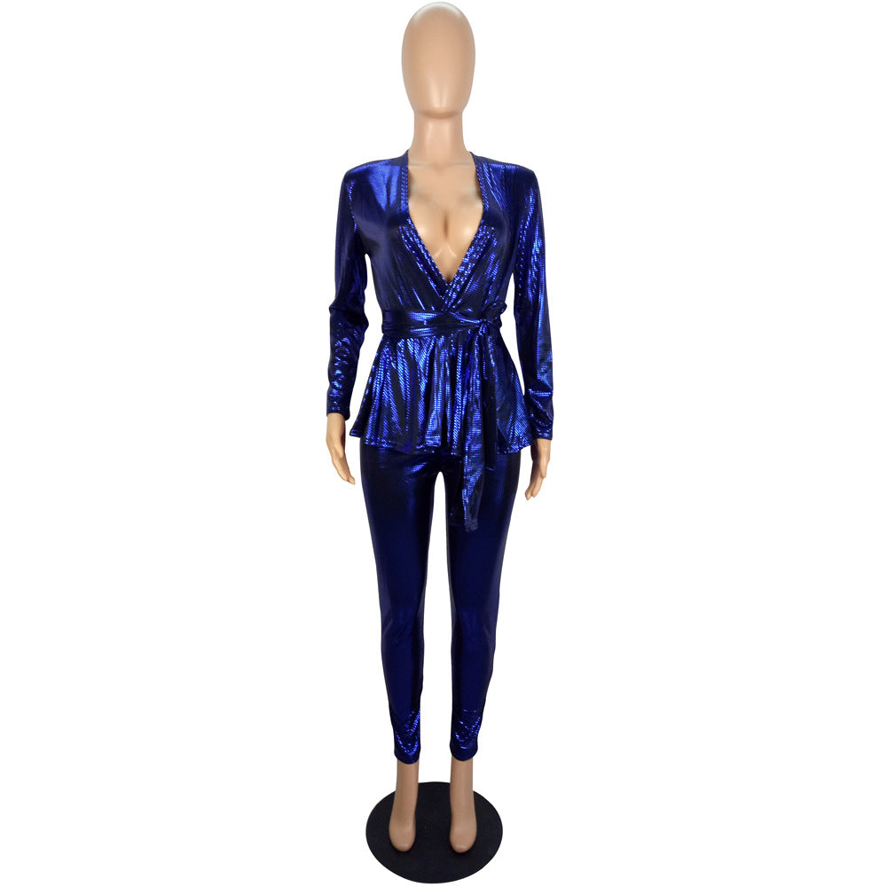 Women'S Slim Fashion Shiny Long Sleeve Suit With Belt 23