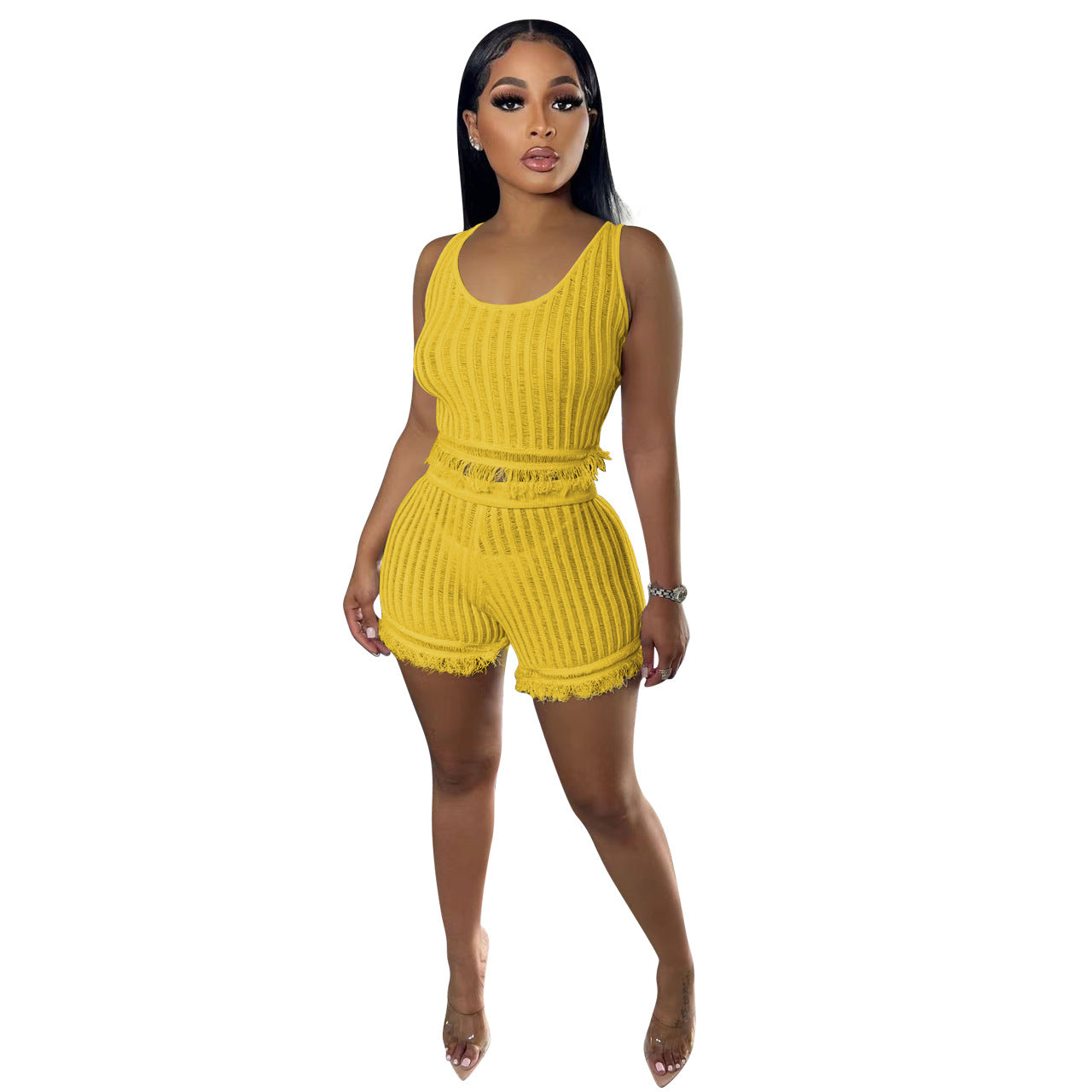 Women'S Clothing Ladies' Fashion Casual Knitting Sleeveless Tassel Two-Piece Shorts Set 6