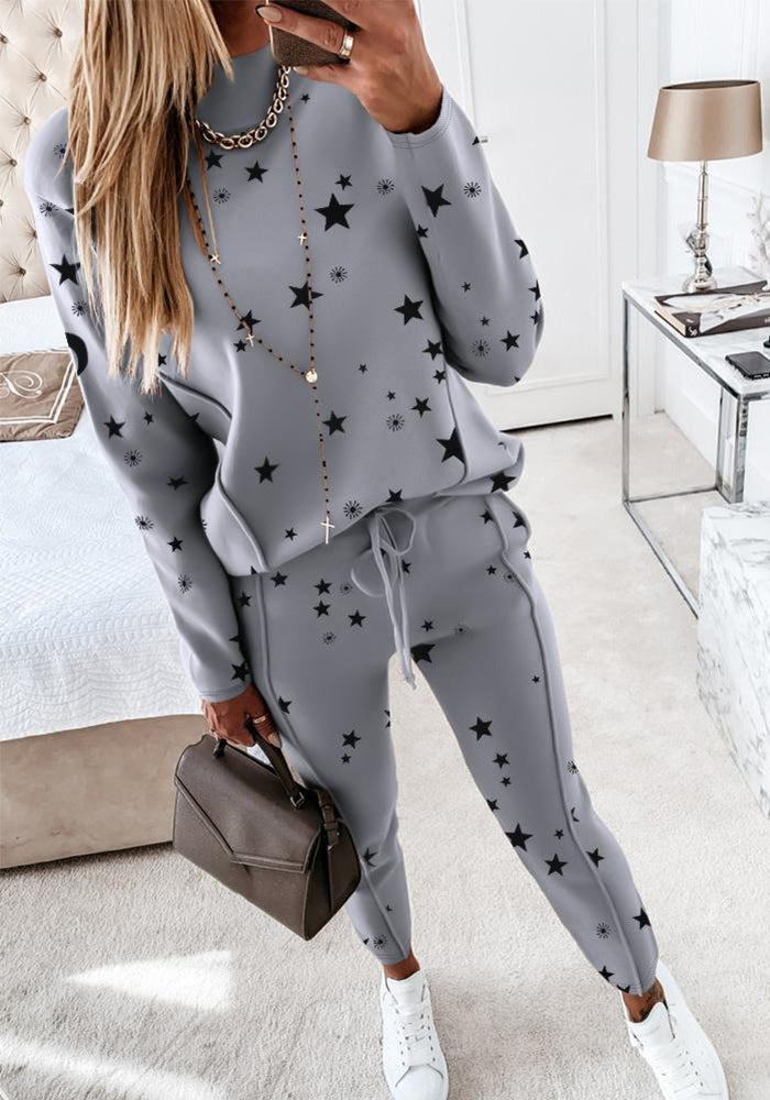Women star printed long-sleeved Top and Pants Two Piece Set