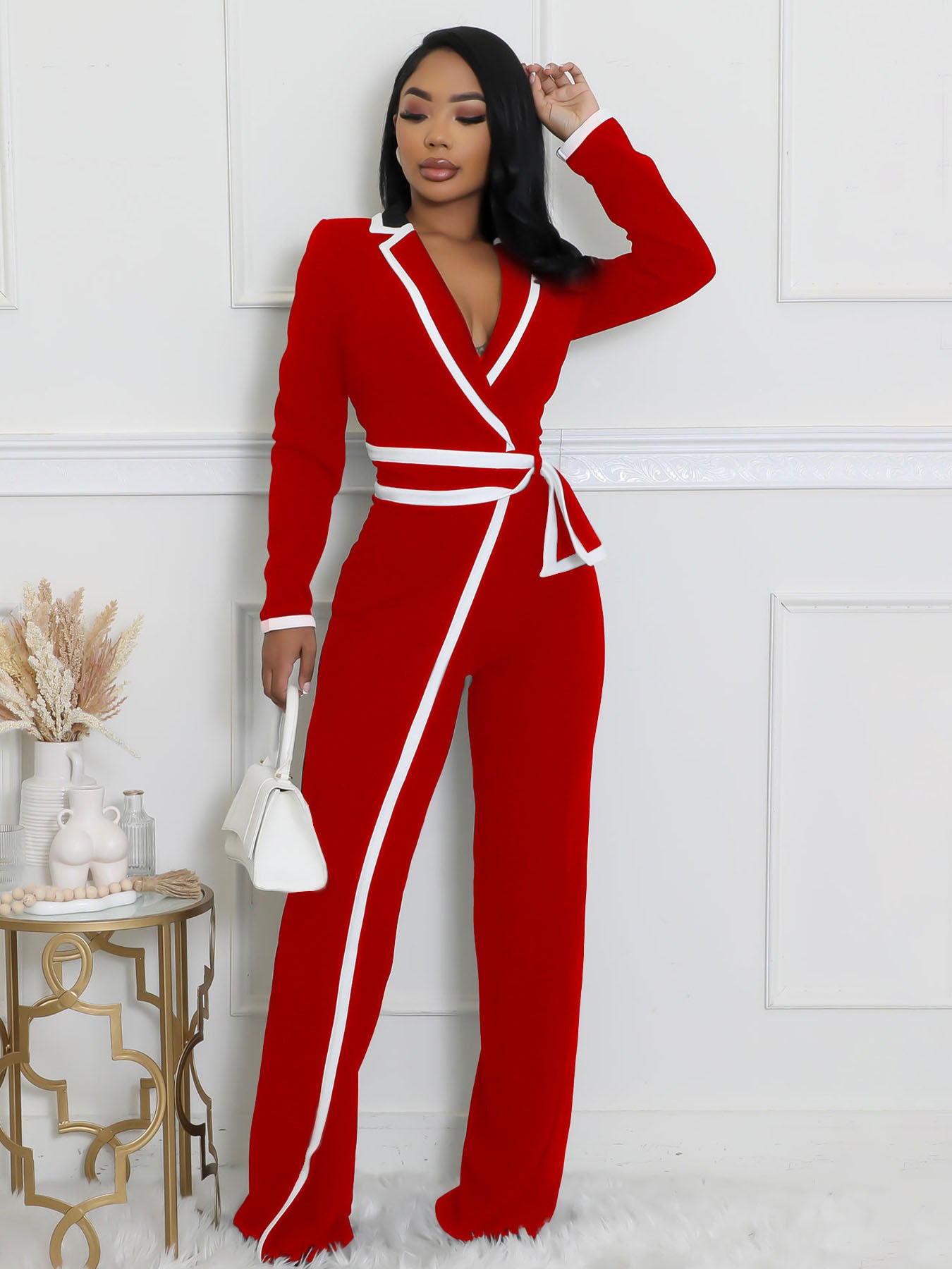 Women autumn and winter belt contrast color long-sleeved Jumpsuit 3