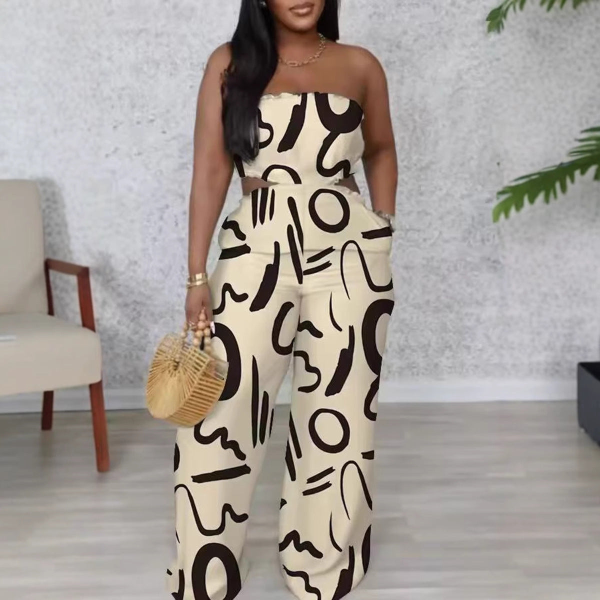 Women Elegant Strapless Printed Wide-leg Jumpsuit 7