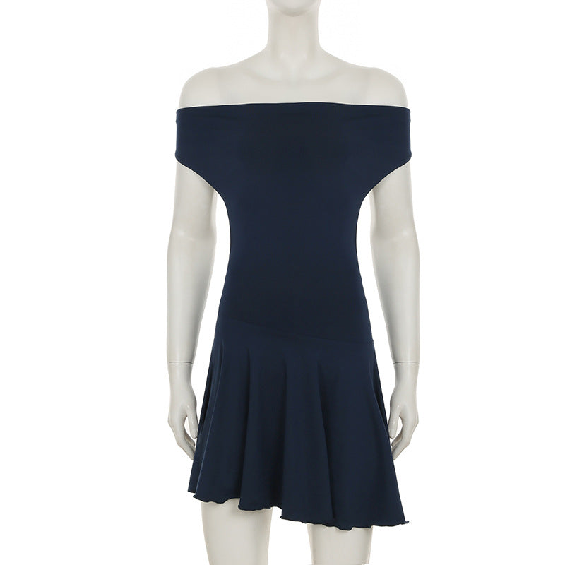 Women's Chic Solid Color Pleated Off-Shoulder Sexy Low-Back Lace-Up Waist Mini Dress 11