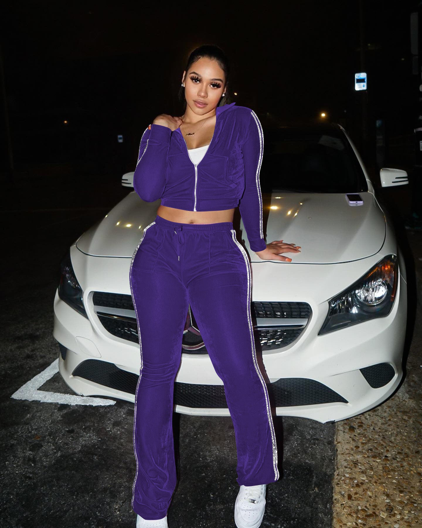 Women's Solid Velvet Casual Zip Top Wide Leg Pants Two Piece Tracksuit 15