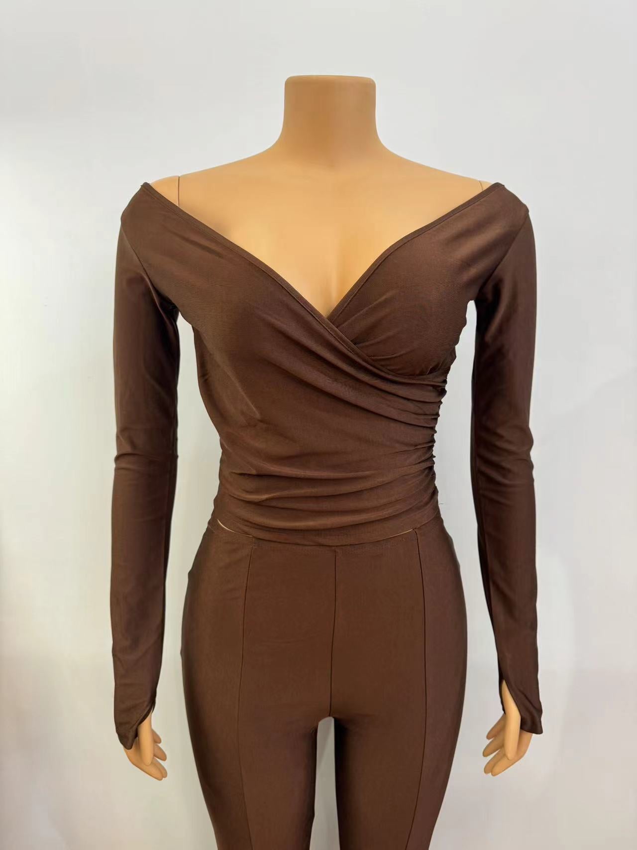 Women Solid v-neck sexy long-sleeved Top And trousers two-piece set 12