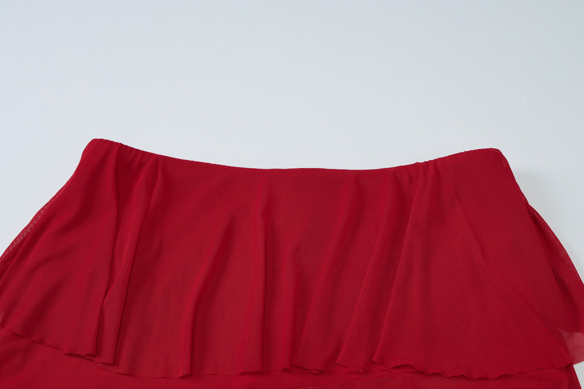 Women Solid sexy wrap chest Top and pleated layered mesh irregular Maxi Skirt two-piece set 13