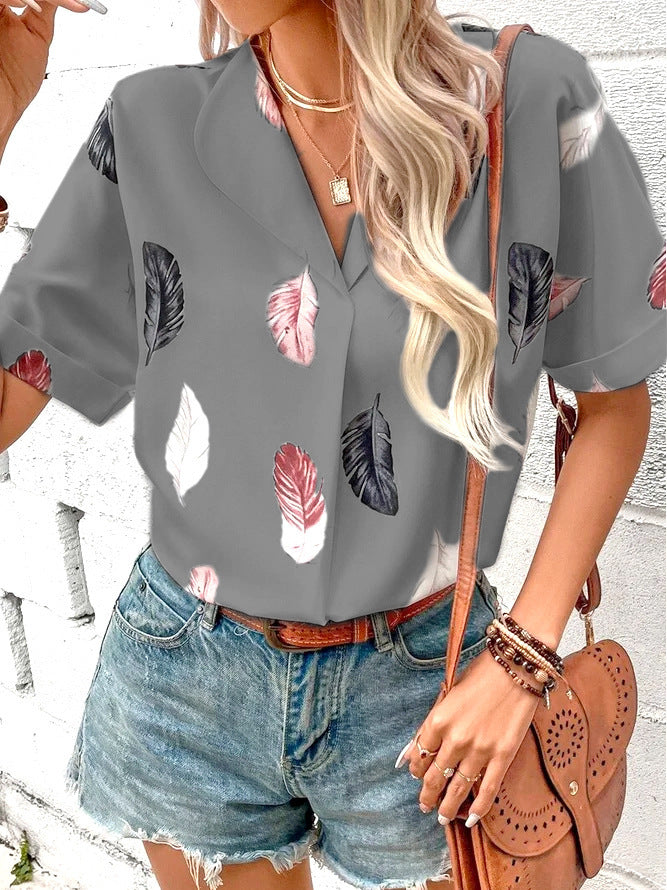 Spring And Summer Women's Turndown Collar Feather Print Shirt 6