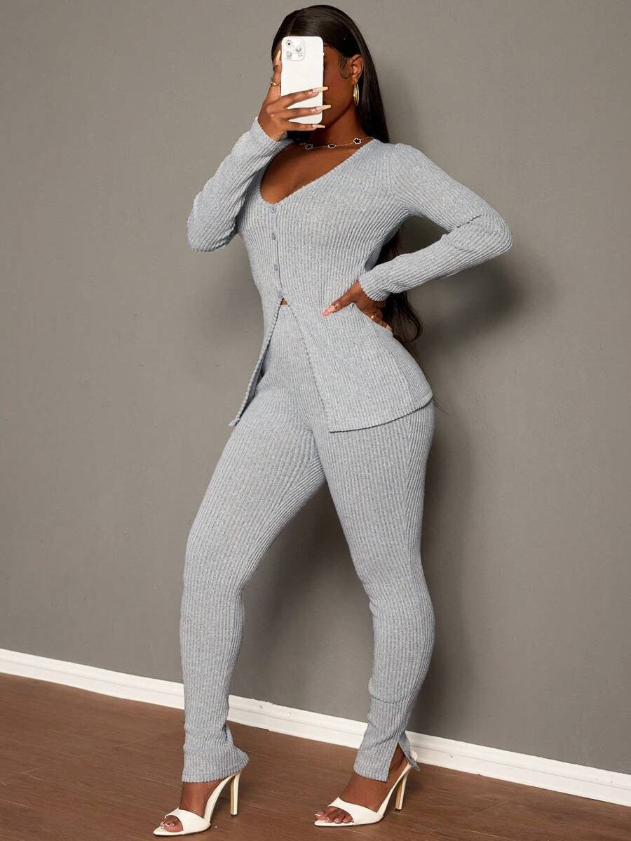 Women Long Sleeve Ribbed Casual V-Neck Top and Pants Two Piece 5