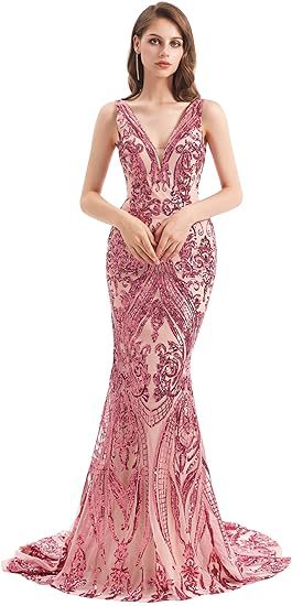 Women Sleeveless Sexy V-Neck Formal Party Sequin Evening Dress（Processing time need 3-6 days） 6