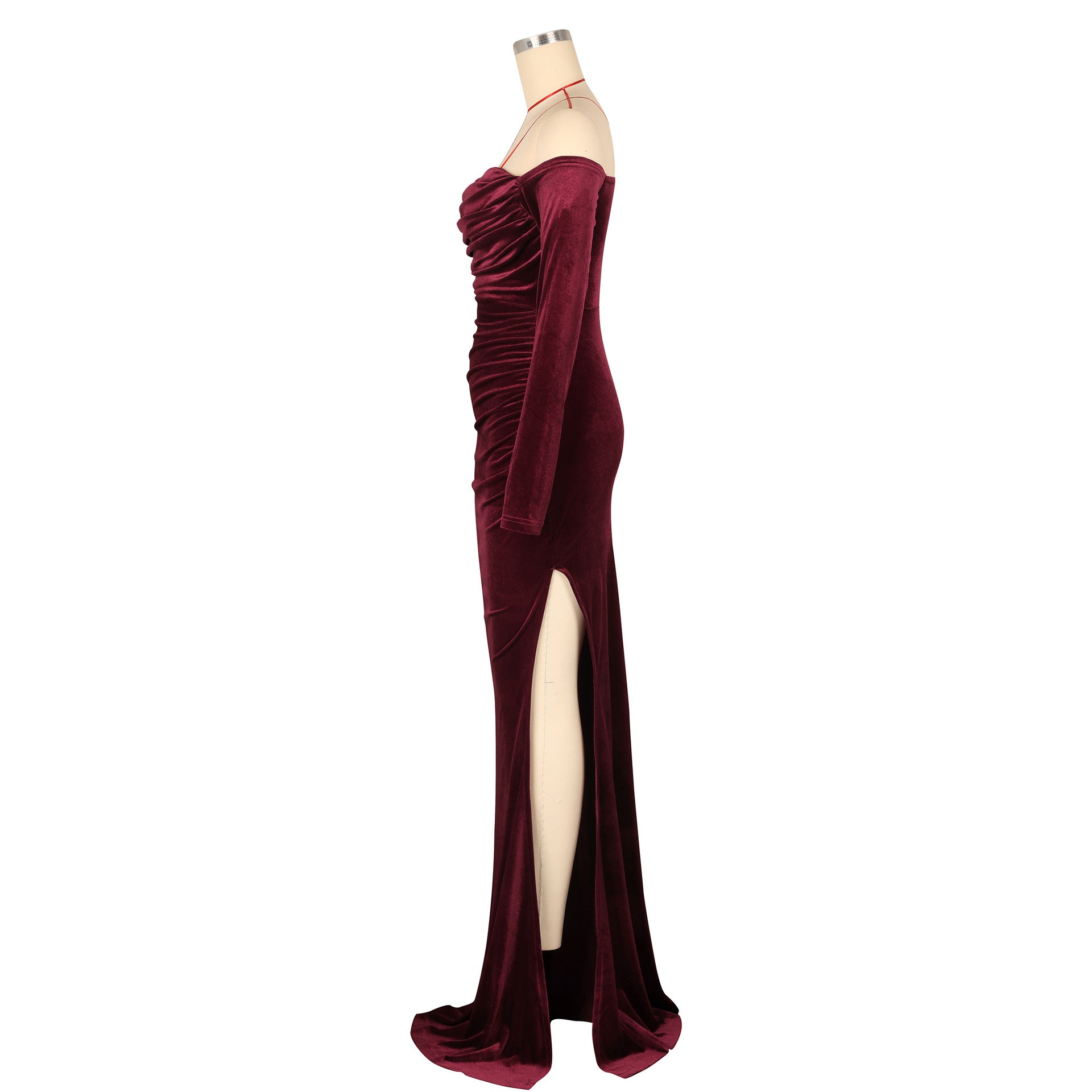 Women's Sexy Solid Color Off Shoulder Long Sleeve Slit Velvet Party Dress 15