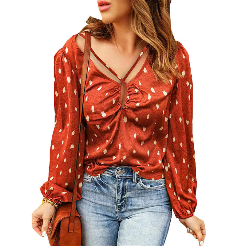 Women'S Fall Polka Dot Printed Shirt V-Neck Cross Drawstring Print Puff Sleeve Top 6