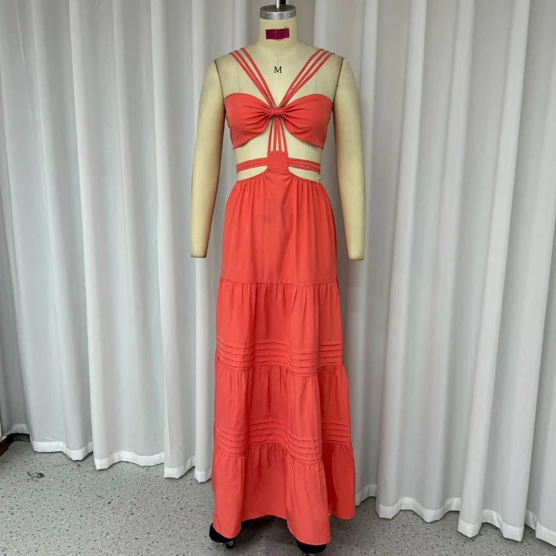 Summer Fashionable And Sexy Strap Solid Color Hollow Long Dress 7
