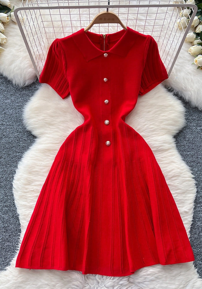 Women French Retro Turndown Collar Short Sleeve Sweater Dress