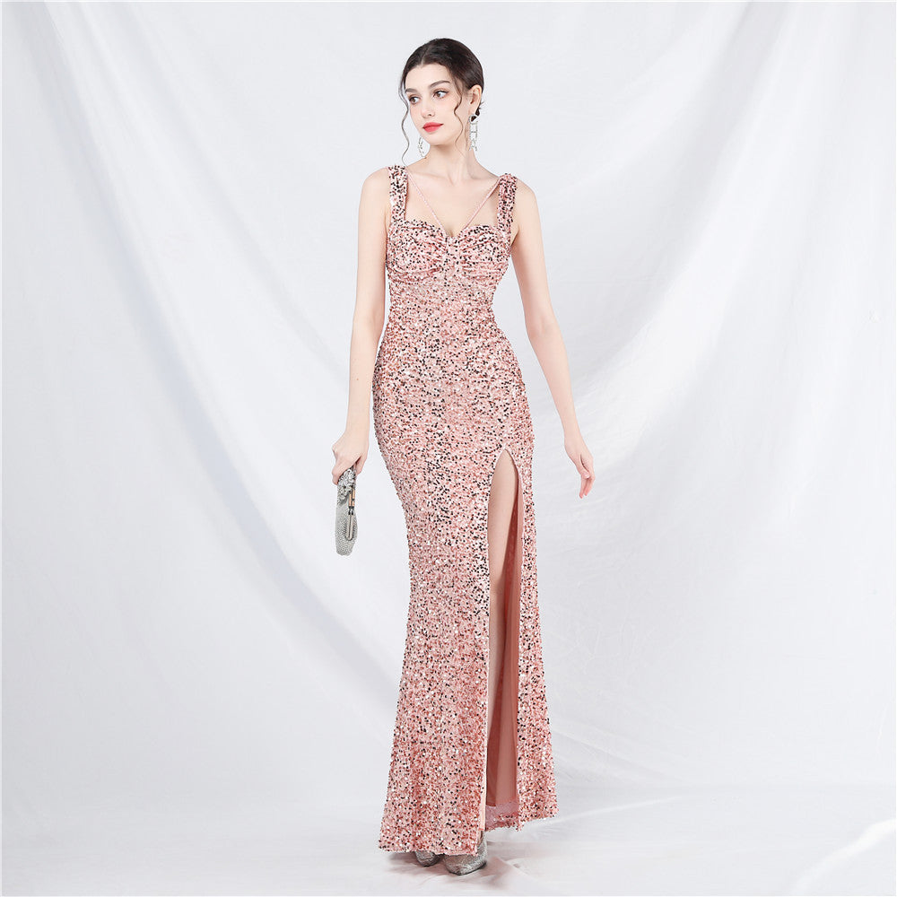 Luxury strap sequined long evening gown 13