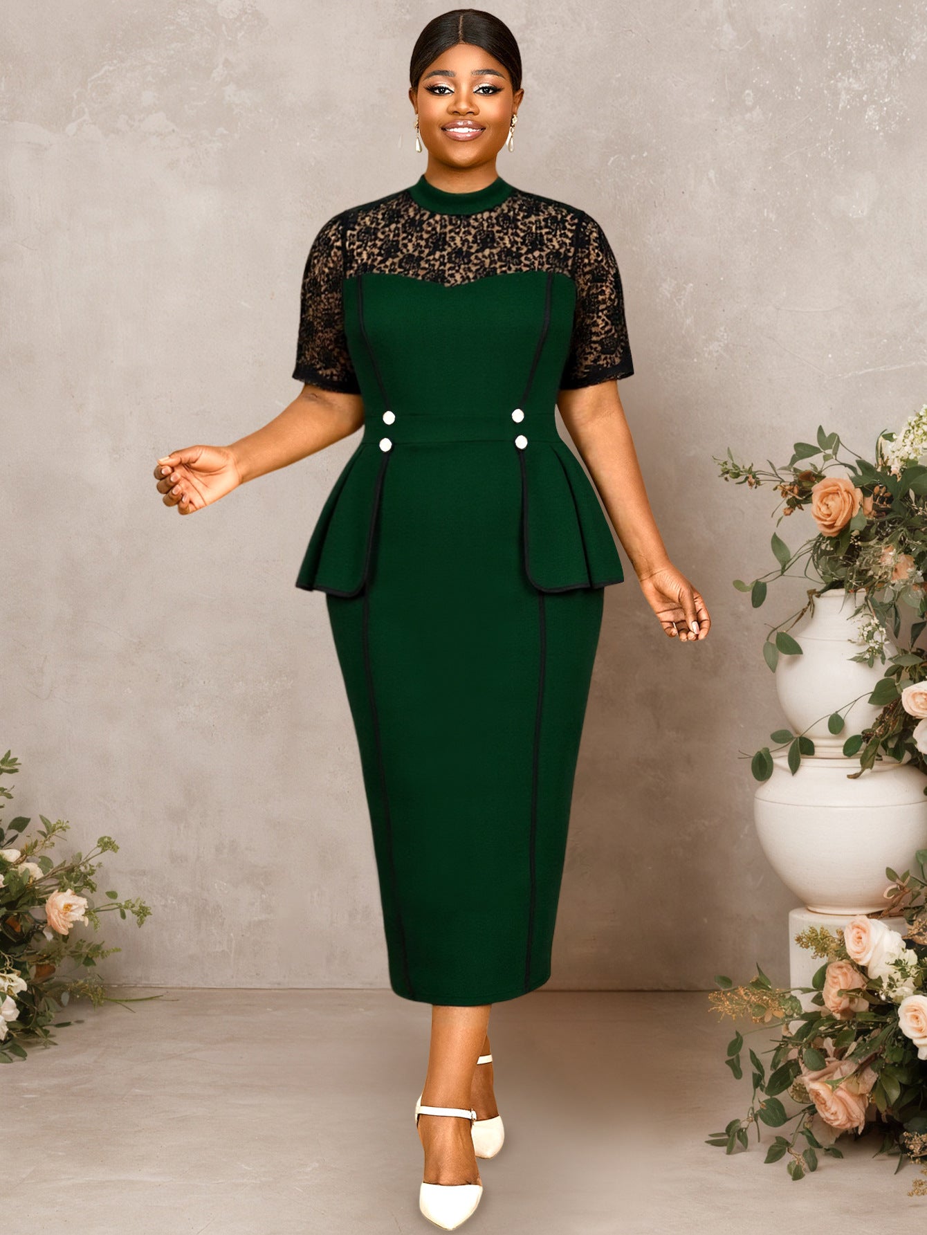Plus-Size Women Dark Green Patchwork Knitted Lace Short-Sleeved Bodycon Dress