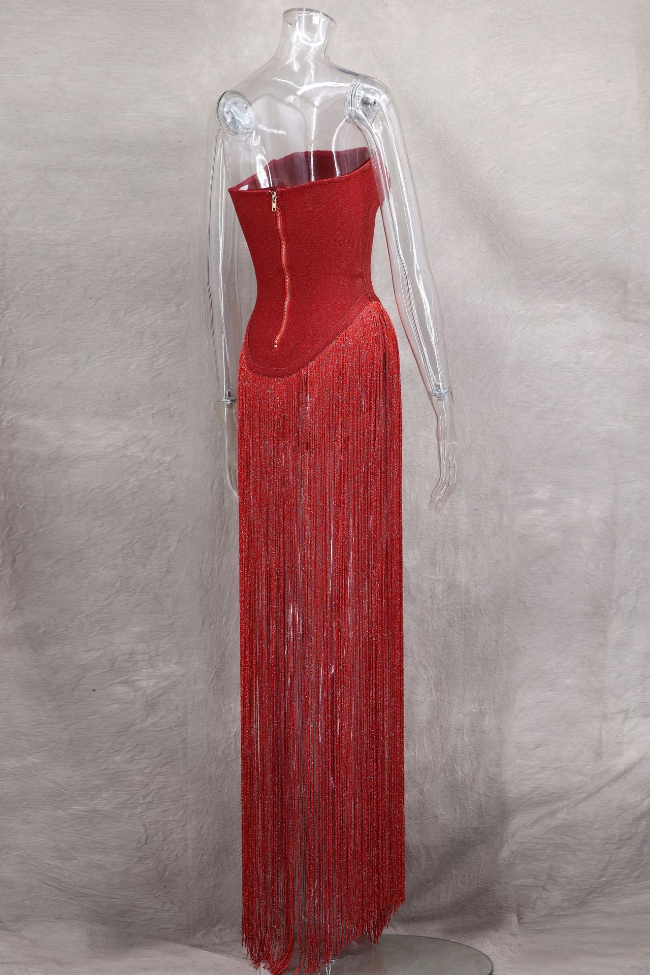 Spring Summer Style Tassel Trimmed Sexy Slimming Zipper Strapless Dress 14