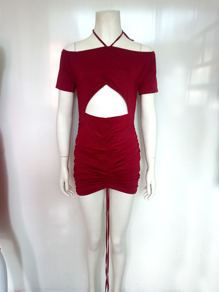 Women Off Shoulder Halter Neck Drawstring Pleated Bodycon Dress 13