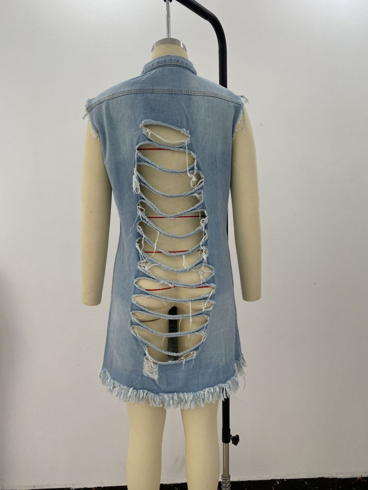 Women Spring Blue Sleeveless Denim Ripped Long Jacket 5