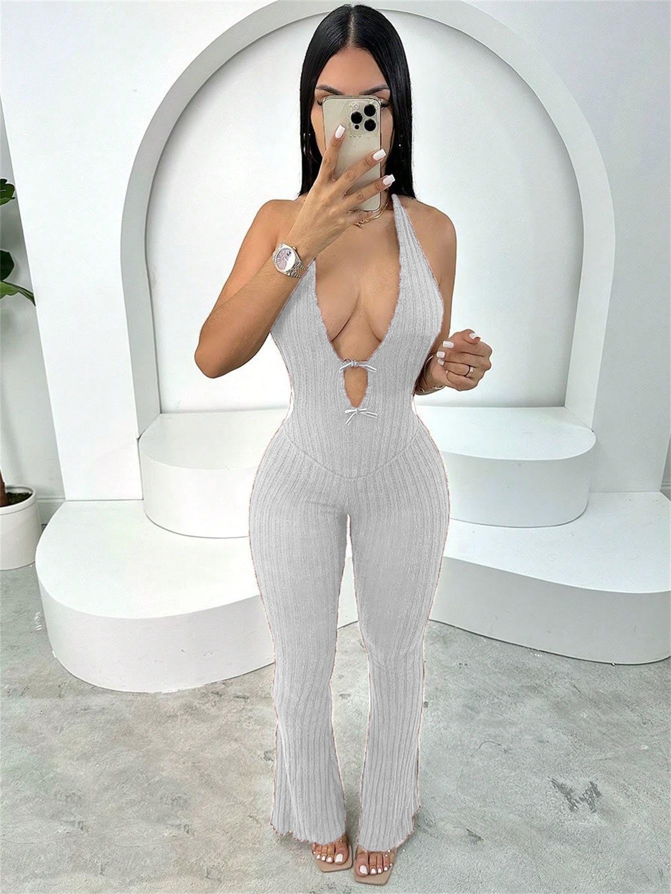 Women summer Halter Neck lace-up backless sexy Bell Bottom Jumpsuit 5