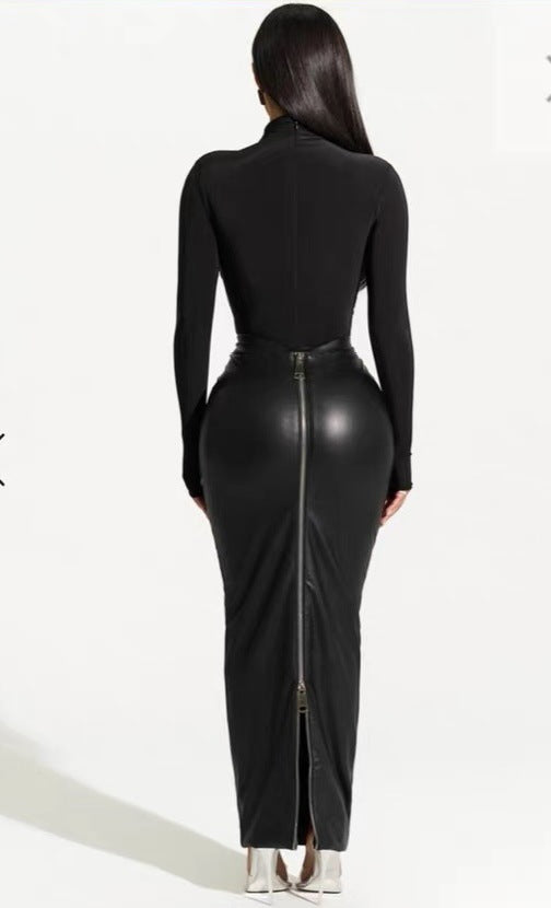 Women Autumn and Winter Black Bodycon Zipper Pu-Leather Skirt 5