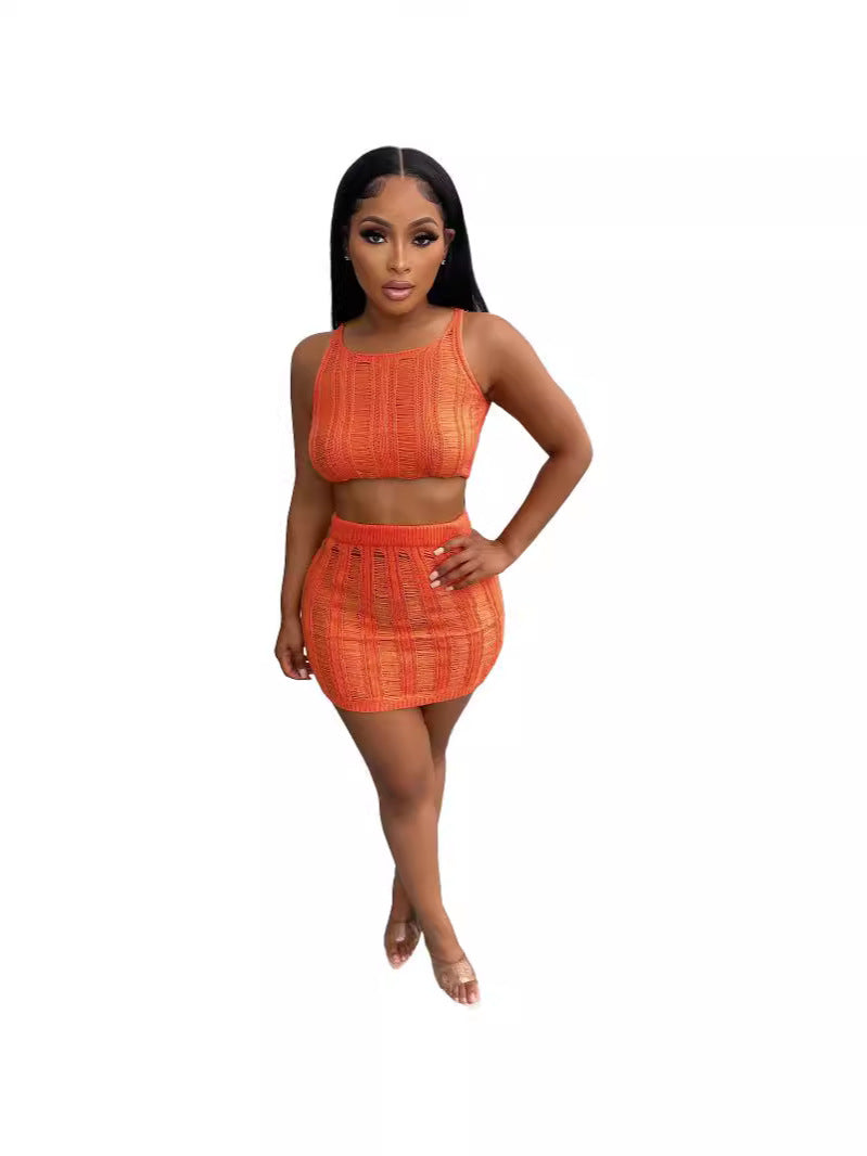 Women Sexy Knitting Hollow Tank Top and Skirt Two-piece Set 5