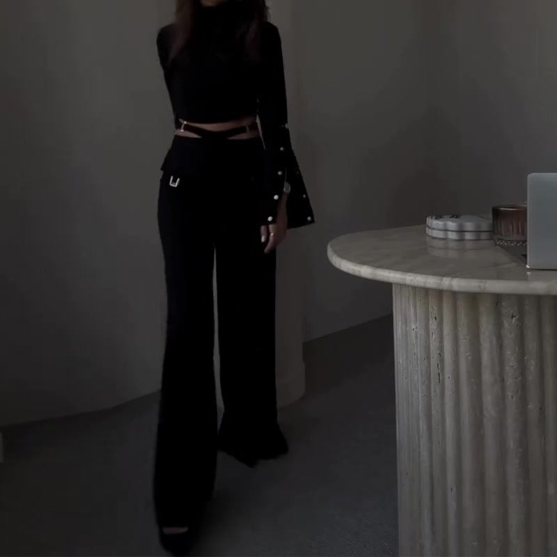 Autumn High-Neck Solid Color Crop Top Loose Wide-Leg Pants Two Piece Set 4