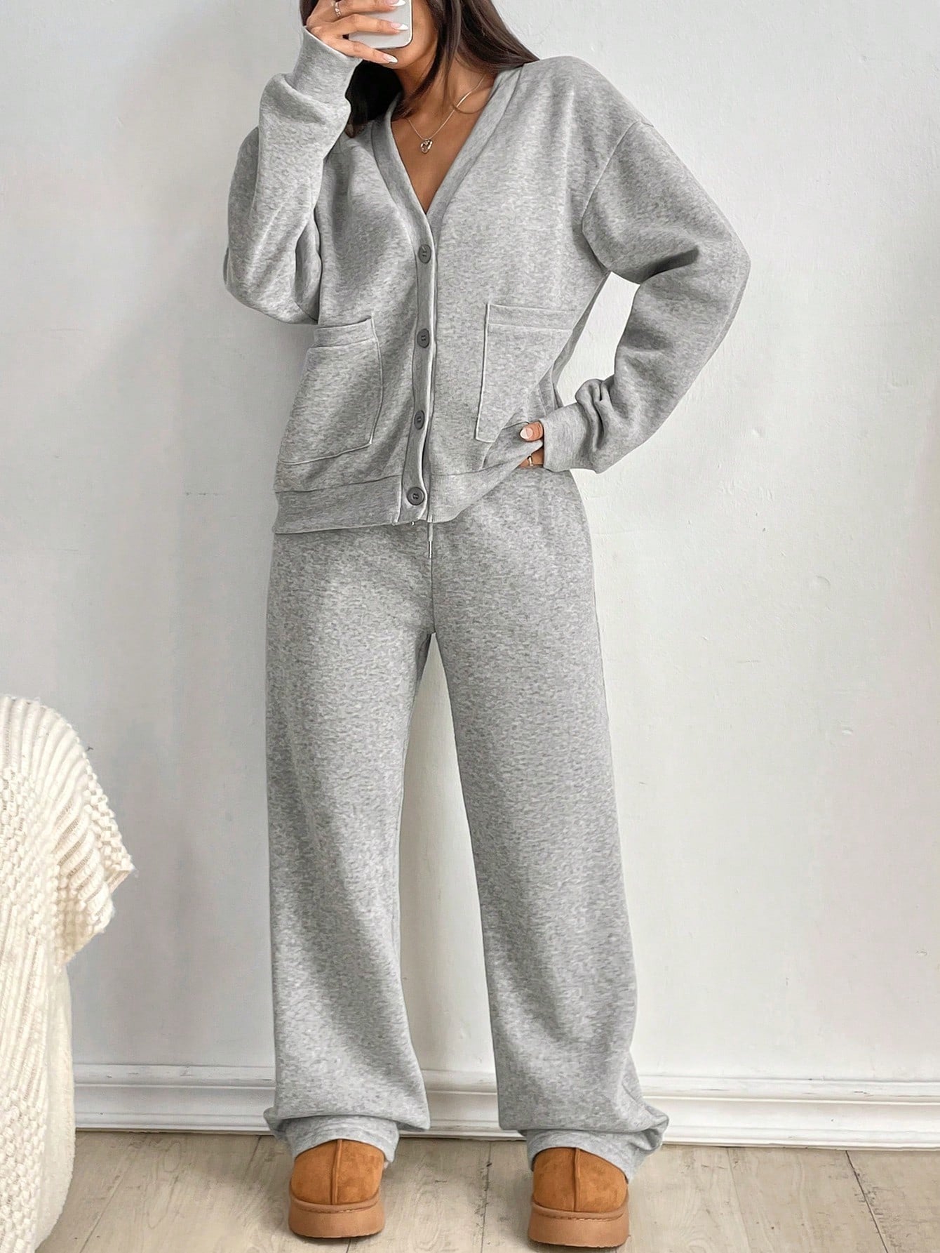 Women's Autumn & Winter Button Coat & Wide-Leg Pants Casual Set 4