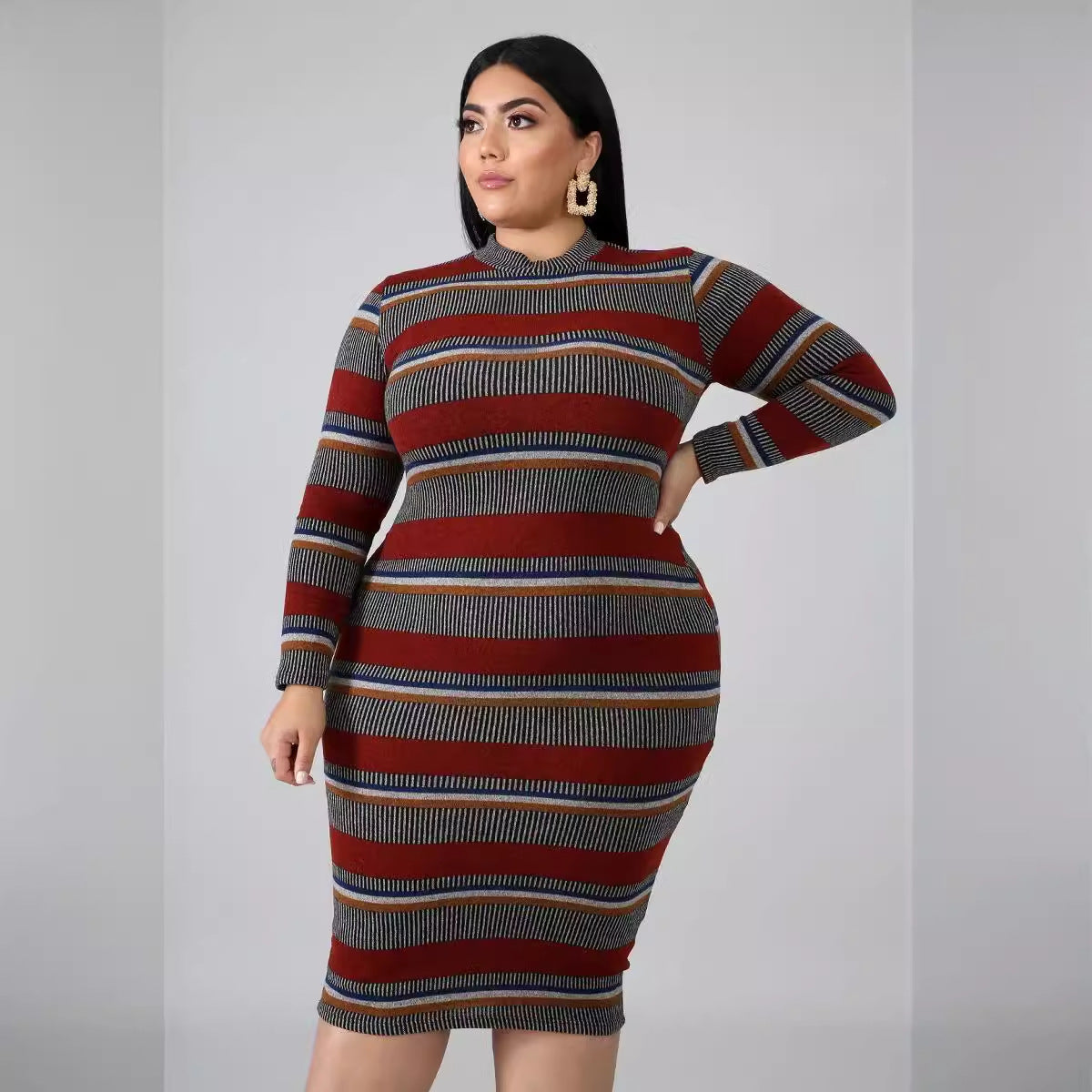 Plus Size Women's Ribbed Striped Print Long Sleeve Dress 4