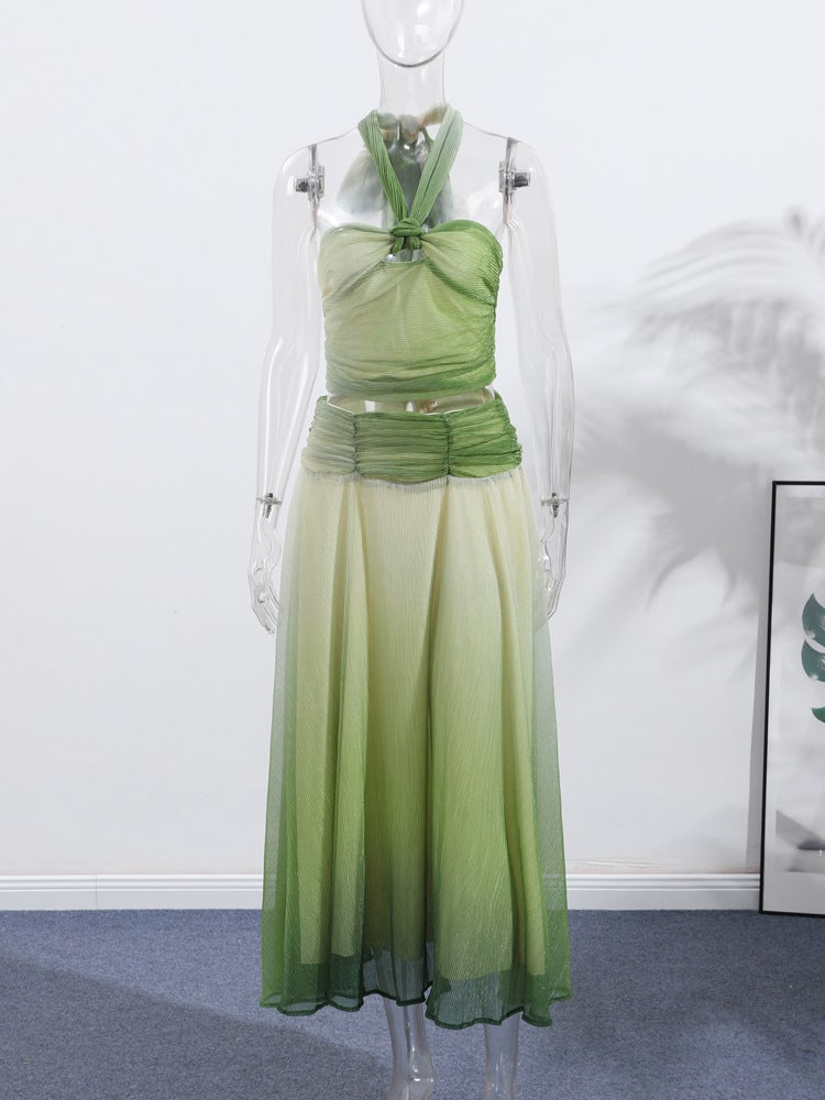 Women Summer Gradient Halter Neck Suspender Top and Skirt Two-Piece Set 3