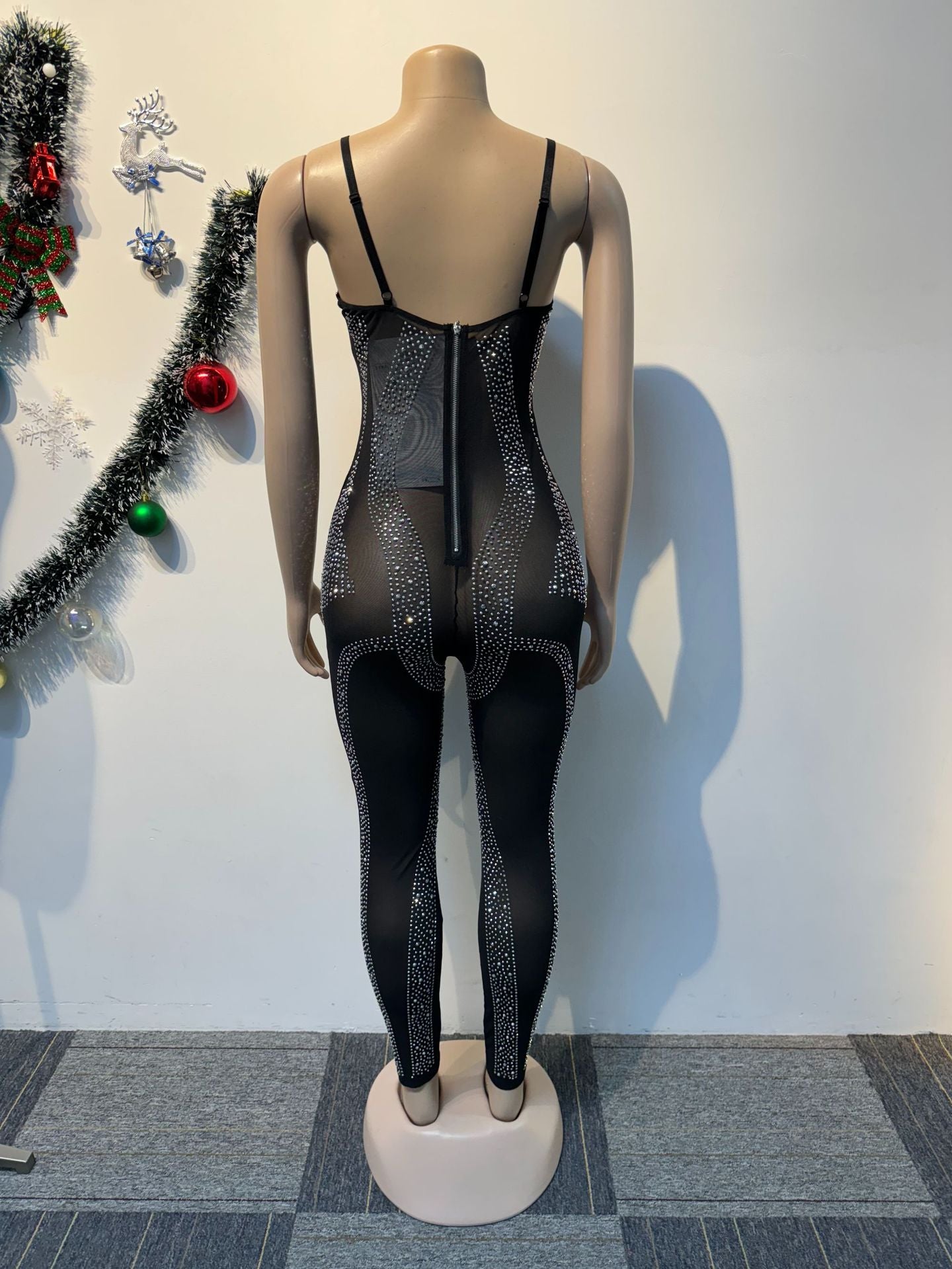 Beaded See-Through Mesh Strap Slim Jumpsuit 8