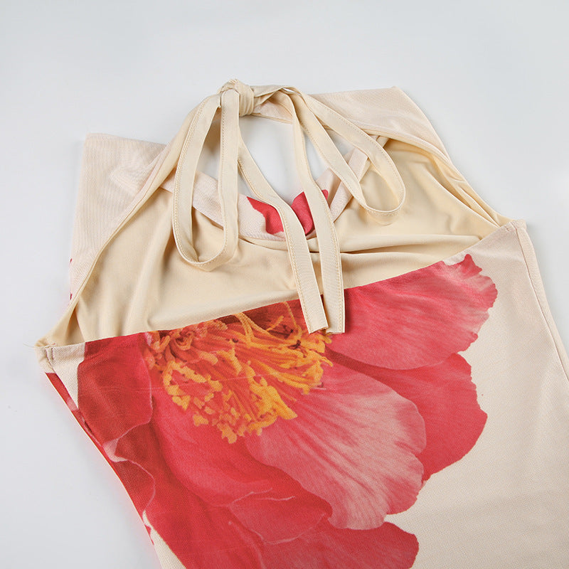 Women's sexy and elegant Holidays style printed contrasting color Halter Neck long dress 16