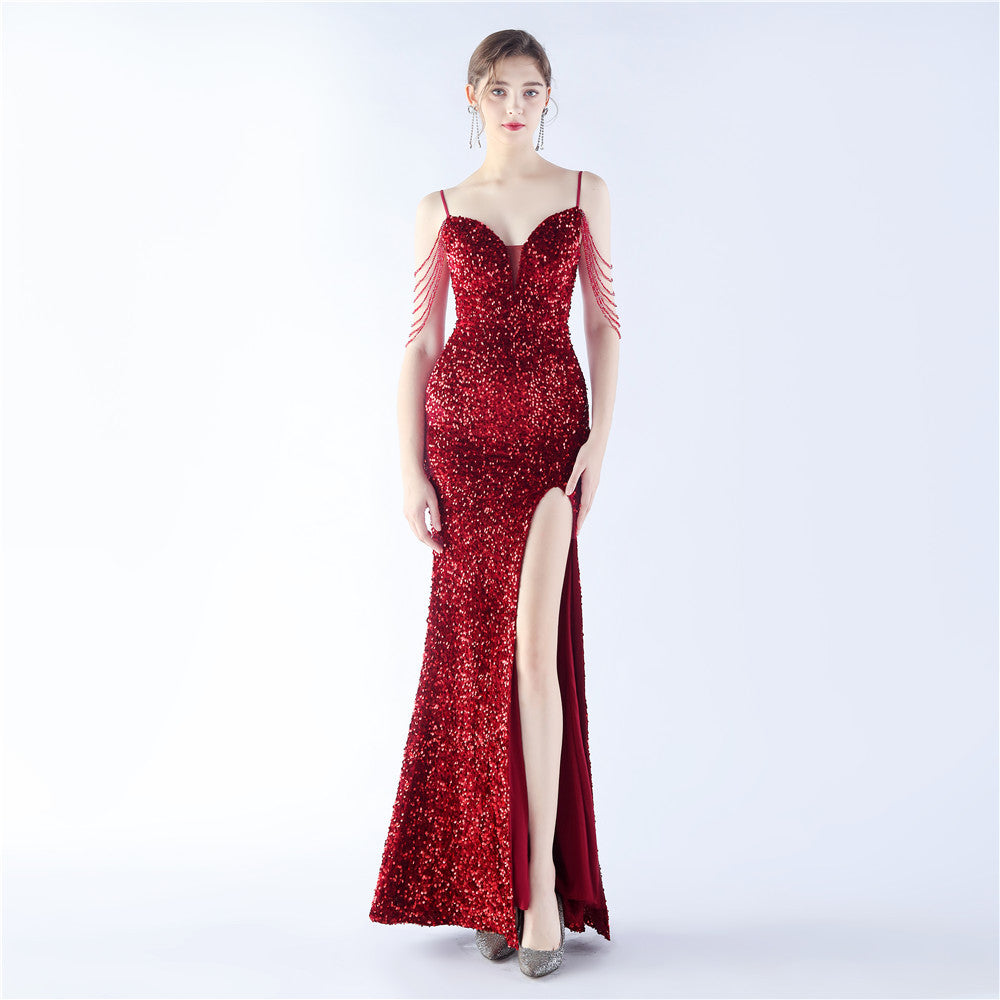 Plus Size Beauty Straps Tassels Sequin slit Long Formal Party Evening Dress 6