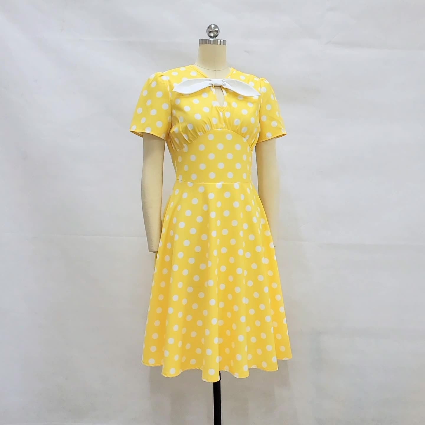 Women Round Neck Bow Tie Polka Dot Short Sleeve Dress 13