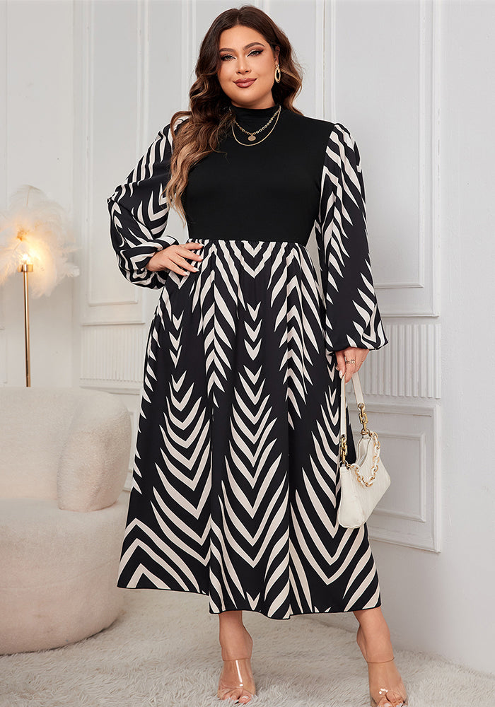 Women Patchwork Long Sleeve Autumn Elegant Puff Sleeve Maxi Dress