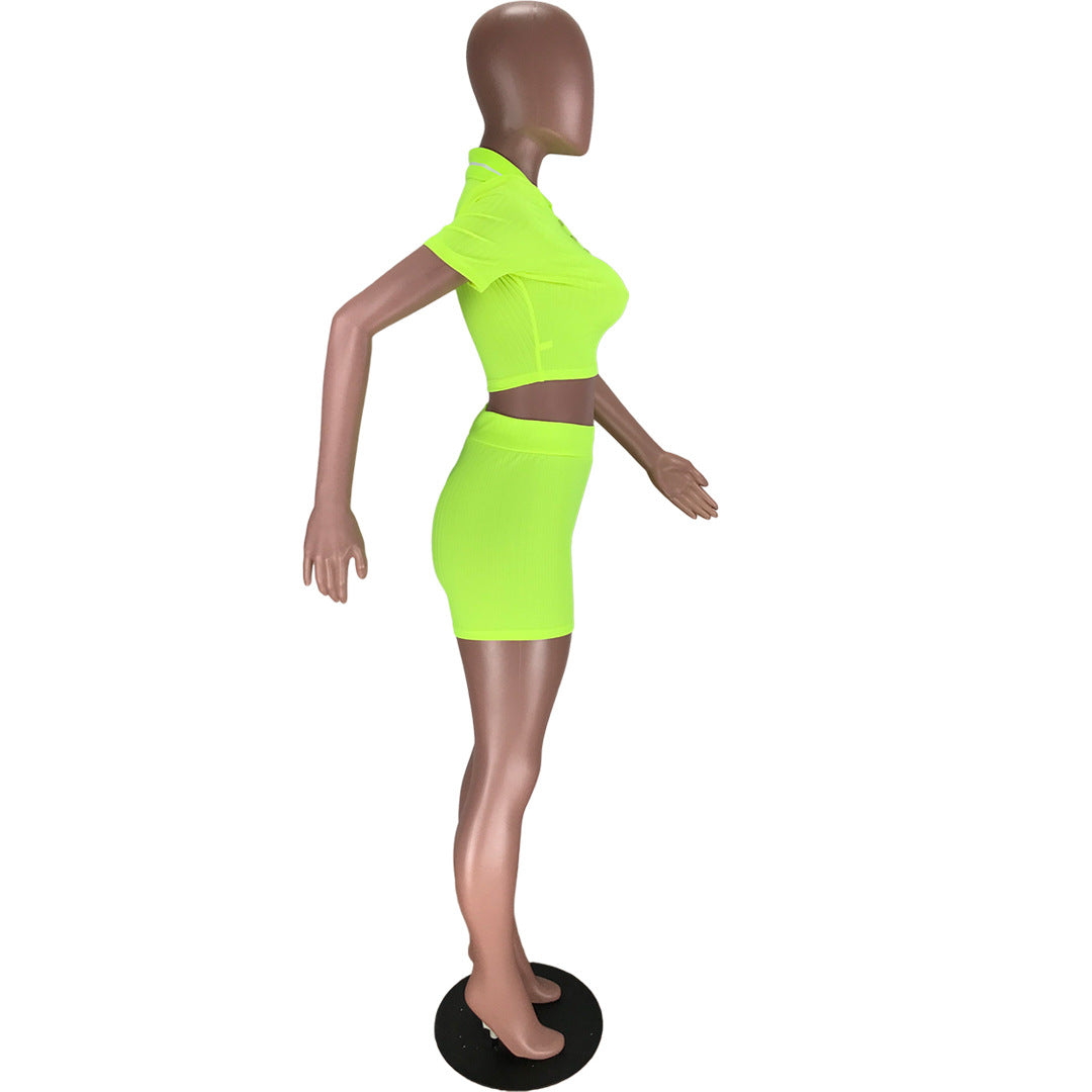 Women's Sports Casual Cropped Top Shorts Solid Color Two-piece Set 17