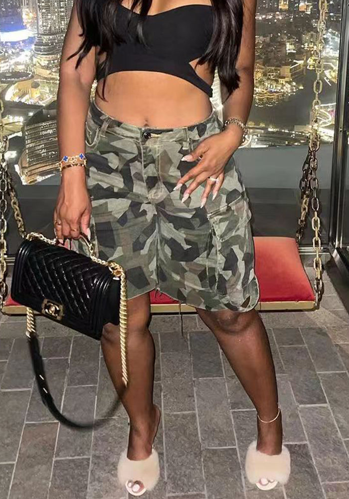 Spring Summer Women's Pocket Camouflage Cargo 5-Point Pants