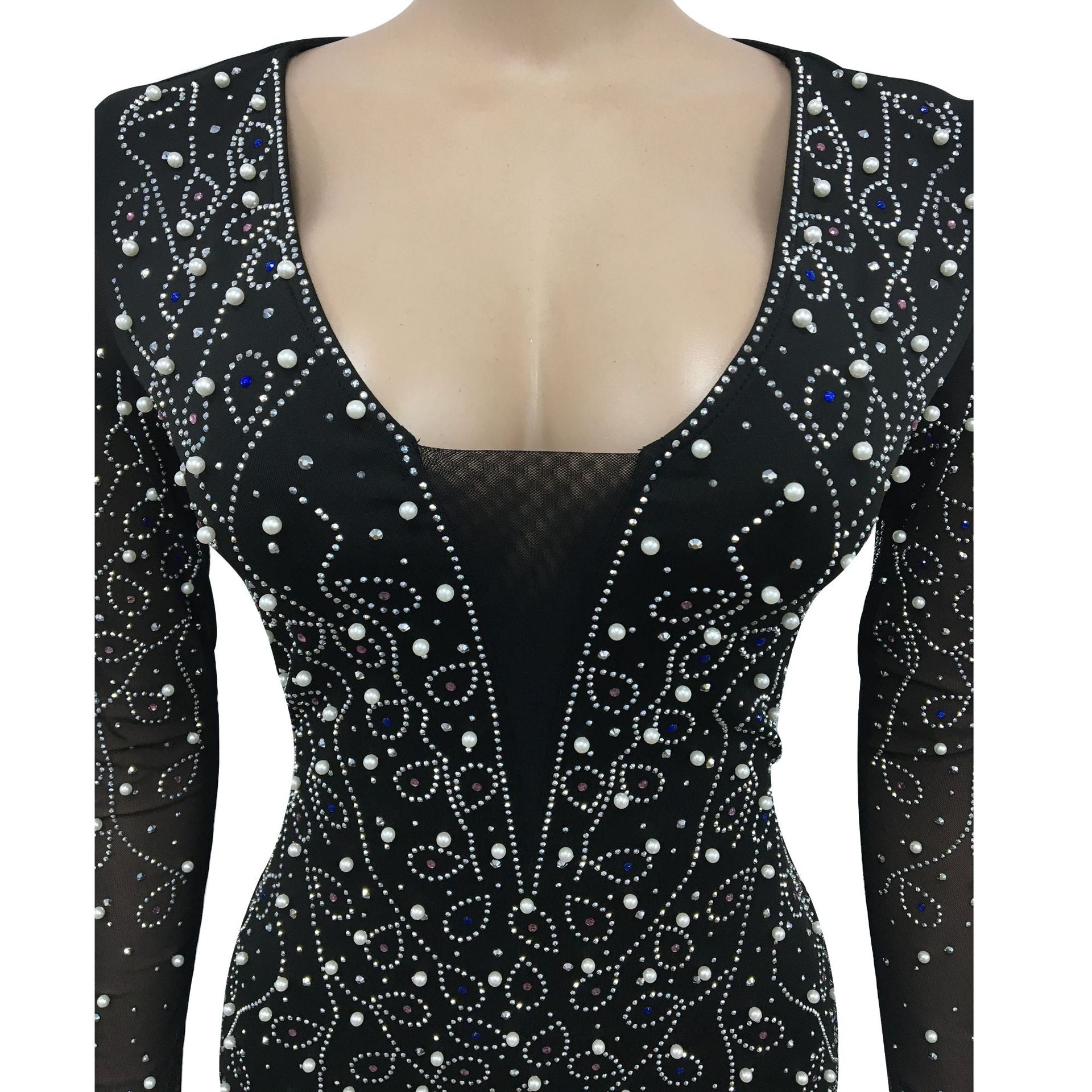 Women Sexy Beaded V-Neck Long Sleeve Mesh See-Through Bodycon Dress（customized,MOQ 6pcs/size/color,process time 7-10 days） 14