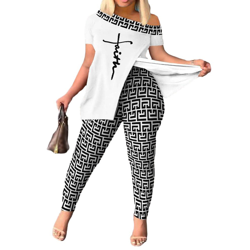 Women's Casual Fashion Graphic Print Slit Short Sleeve Top Pants Two Piece Set 23