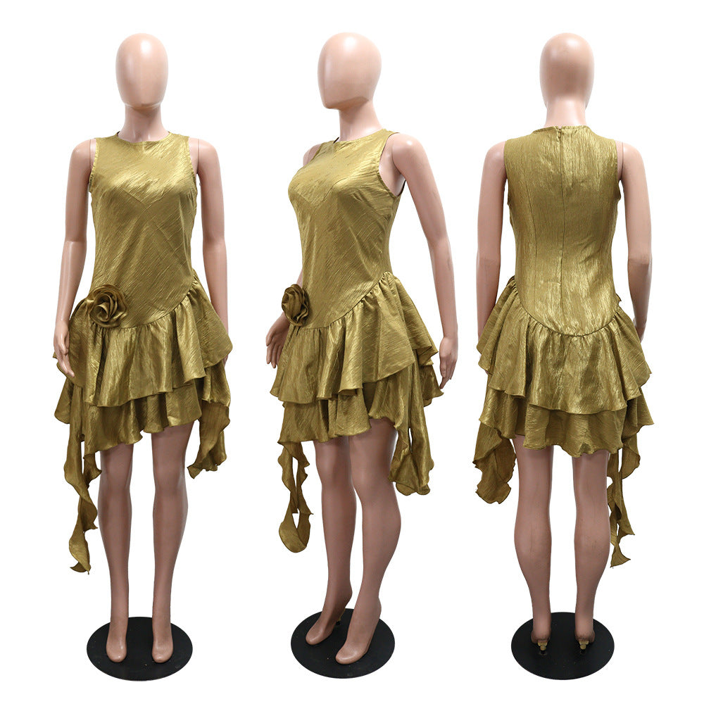 Round Neck Glitter Crinkle Irregular Solid Color Dress 13