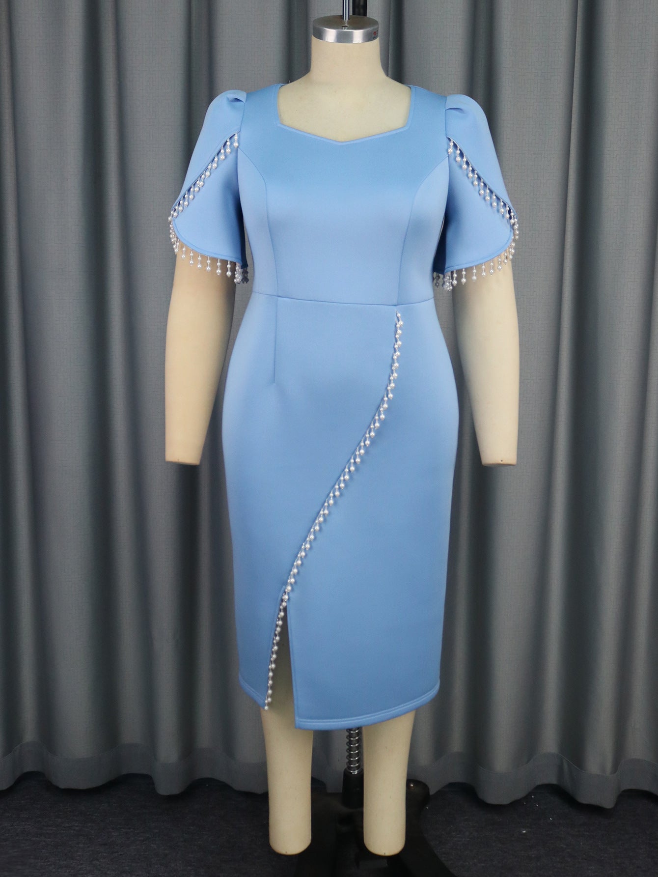 Plus Size Women Elegant Square Neck Pearl Slit Dress 4