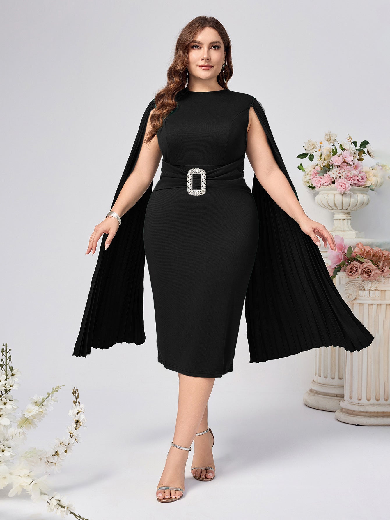 Plus Size African Women Fall/Winter Solid Bodycon Cape Dress 3