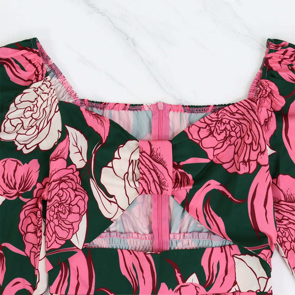 Women's Square Neck Bow Hollow Design Bubble Long Sleeve Chic Long Dress 6