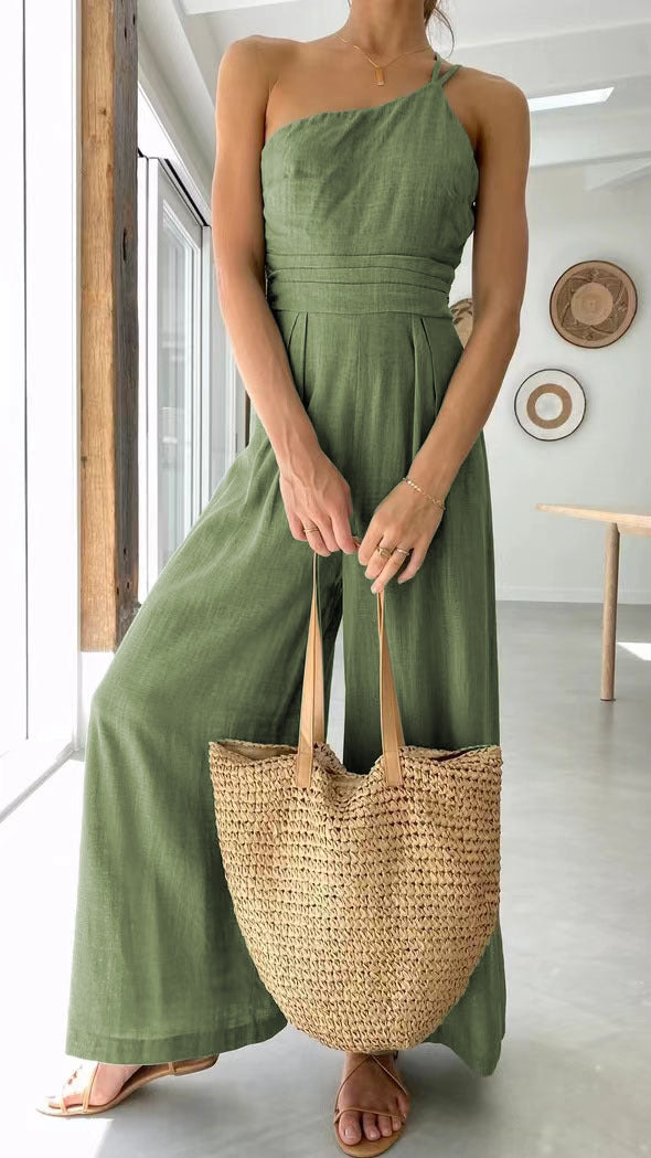 Women's Spring/Summer Solid Color Loose Wide Leg Linen Jumpsuit 5