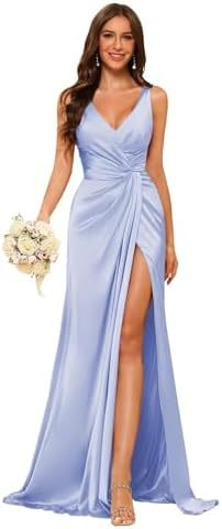 Women's Strap V-Neck Bridesmaid Dress Sleeveless Satin High Slit Prom Dress（Processing time need 3-6 days） 28