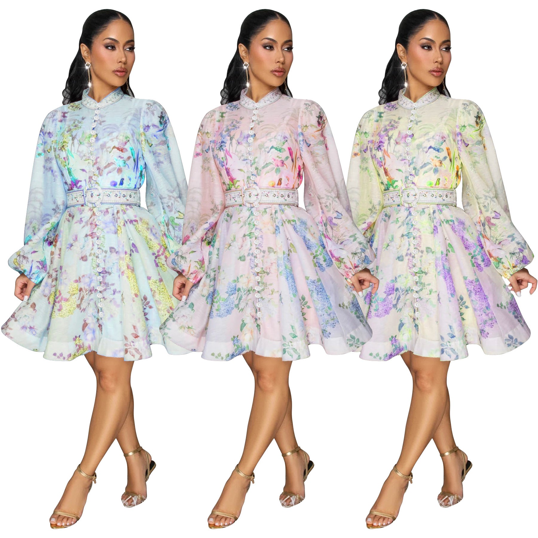 Women Printed Lantern Sleeve Buttoned Dress with Belt 5