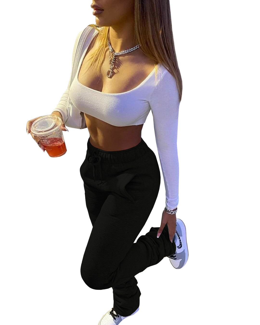 Women Fleece Sports Casual Drawstring Pockets Stacked Pant 4